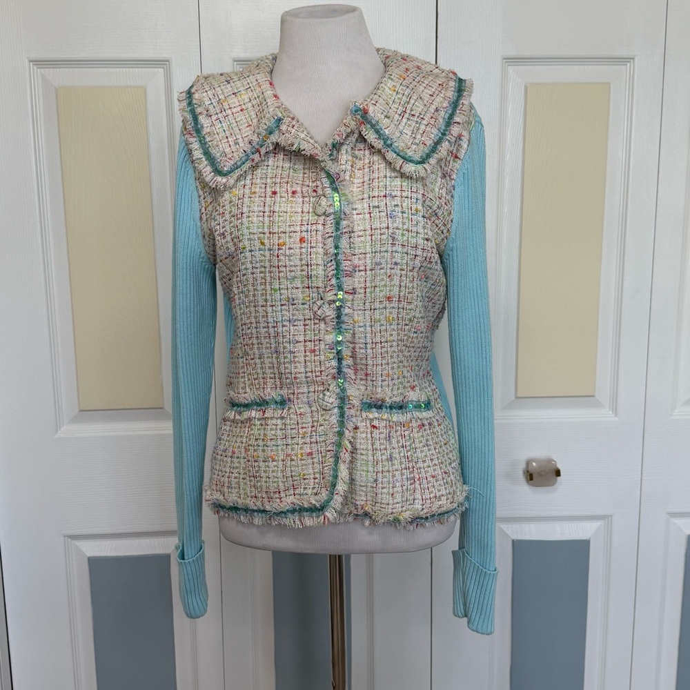 Berek Women’s Cream and Blue Knit and Woven‎ Blazer with Elegant Tweed Design M